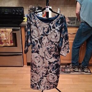 Black Halo Navy and Taupe Rose-Print Mini Dress